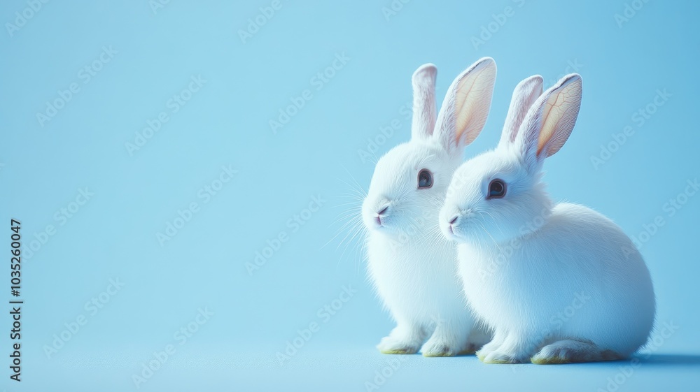 Obraz premium Two white rabbits sitting against blue background