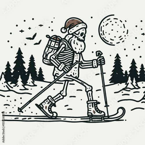 A whimsical illustration of a skeleton Santa skiing through a snowy landscape, complete with trees and a full moon, offering a humorous holiday twist.