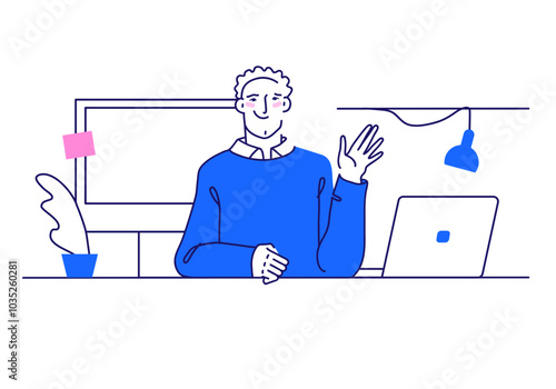 Office worker waving and greeting