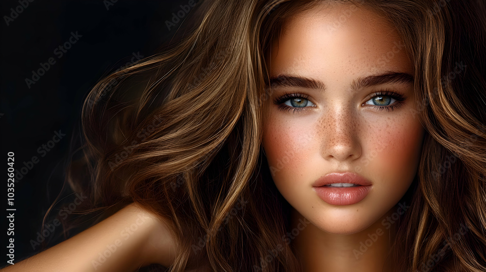 Beautiful Woman with Long Brown Hair and Freckles Beautiful Woman with Long Brown Hair and Freckles