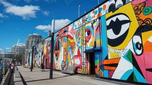 Colorful mural on building with people walking.