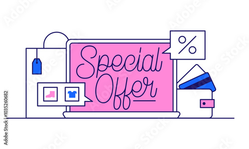 Lettering Special Offer with laptop and shopping bag