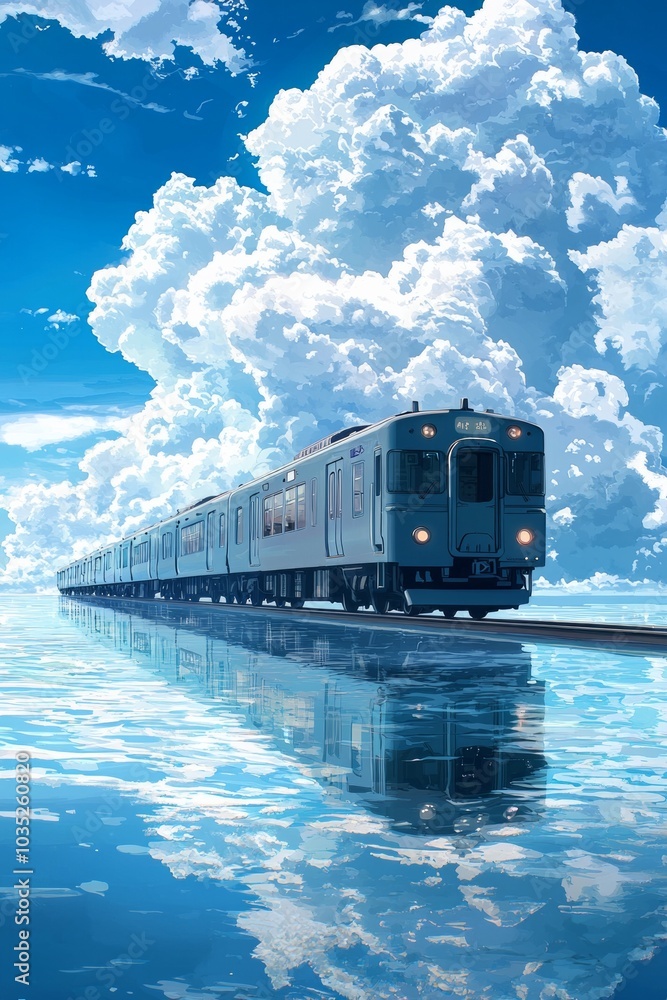 A train on the sea in anime style, surrounded by white clouds and blue sky, with a symmetrical composition, high-saturation colors. A train on the sea in anime style, surrounded by white clouds and blue sky, with a symmetrical composition, high-saturation colors.