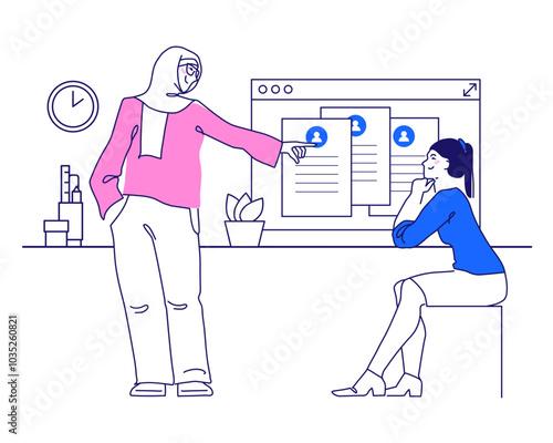 Two female recruiters discuss job candidates