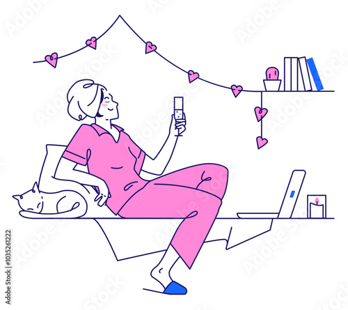 Young woman celebrates St. Valentine`s day on her own