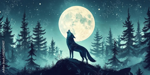 wolf howling under full moon on the forest with dead trees. vector illustration isolated on white background. 