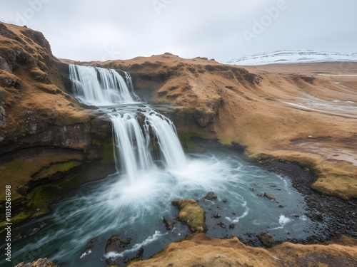 Mountain waterfall flowing over rocks in winter
