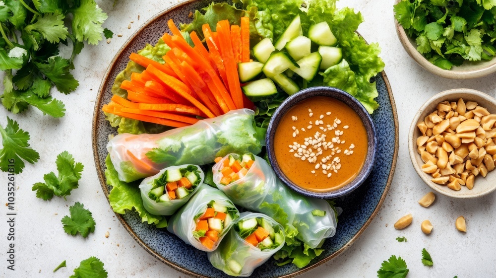A colorful plate of vegetable spring rolls with fresh lettuce, carrots, cucumber A colorful plate of vegetable spring rolls with fresh lettuce, carrots, cucumber