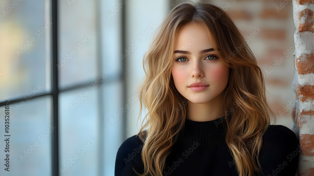Beautiful Woman with Blonde Hair Posing Against a Brick Wall Beautiful Woman with Blonde Hair Posing Against a Brick Wall