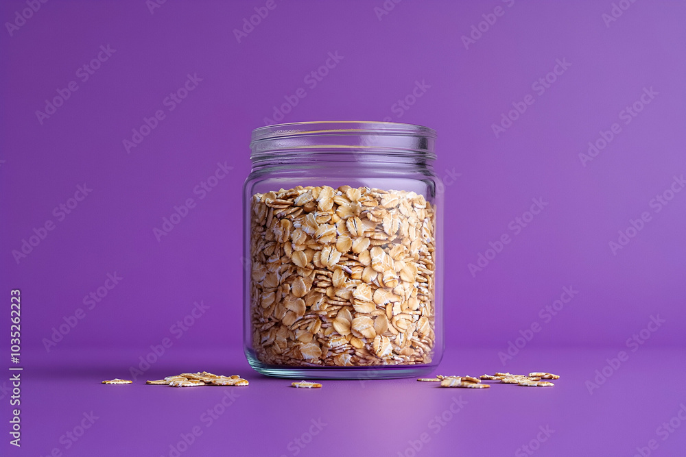 A glass jar filled with oats sits against a vibrant purple background, creating a striking visual contrast and highlighting the natural texture of the oats.