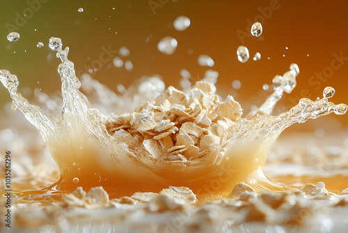 A close-up of oats splashing in liquid, creating a dynamic wave effect against a warm background, highlighting texture and movement.