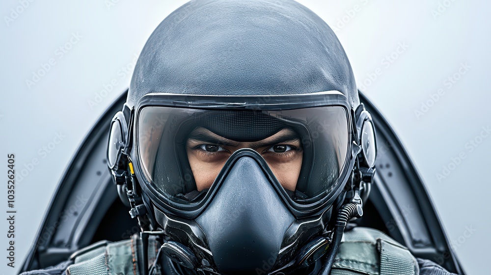 Portrait of a fighter pilot wearing a helmet and mask, focused and ready, white isolate background. Portrait of a fighter pilot wearing a helmet and mask, focused and ready, white isolate background.