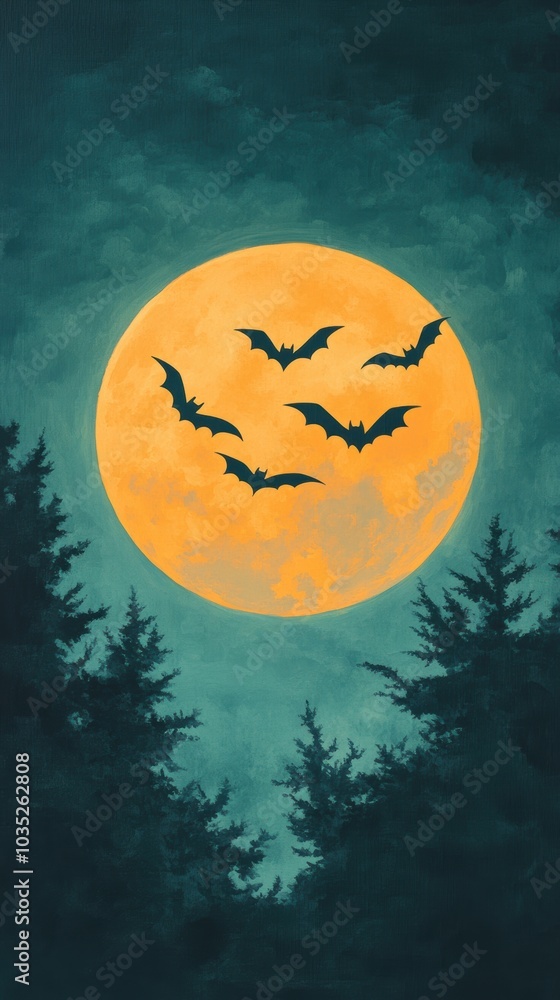 Fototapeta premium A haunting moonlit scene featuring a large yellow moon surrounded by bats flying over dark treetops.