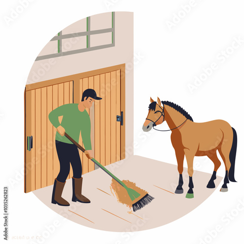 Man cleaning horse stable, mucking out hay and straw bedding in barn. Caring for equine animals. Stall hygiene maintenance, service work. Flat vector illustration isolated on white background