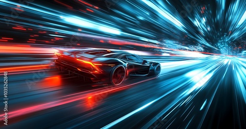 Blue Sport Car Blurs Through Neon Lights