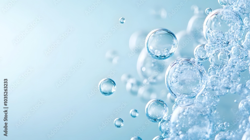 Close-up of Translucent Water Bubbles Against a Light Blue Background Close-up of Translucent Water Bubbles Against a Light Blue Background