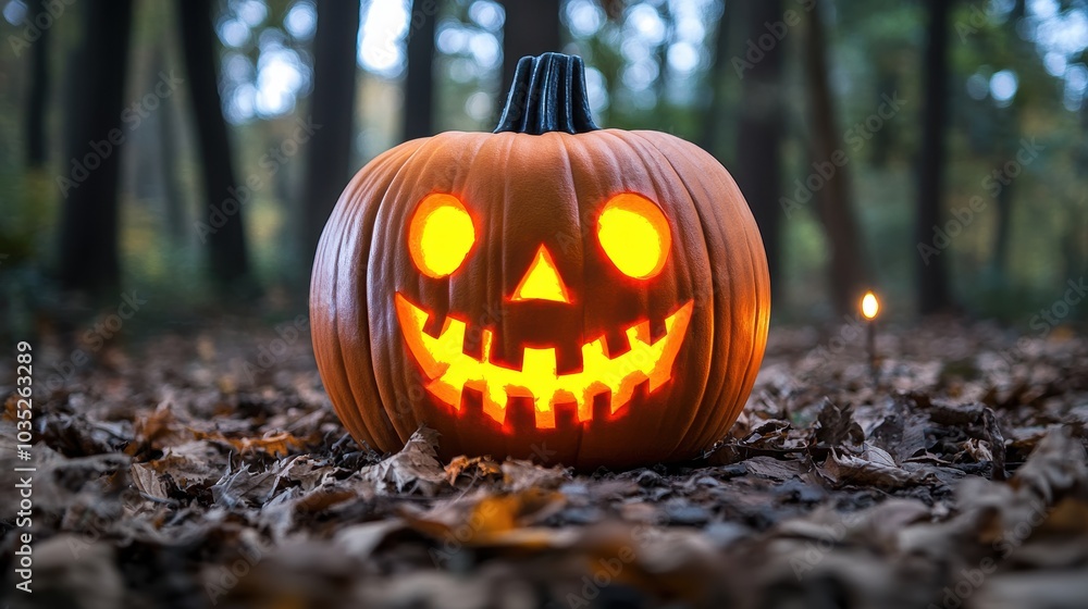 A spooky carved pumpkin glows with a mischievous smile, surrounded by autumn leaves in a wooded setting, capturing the essence of Halloween. A spooky carved pumpkin glows with a mischievous smile, surrounded by autumn leaves in a wooded setting, capturing the essence of Halloween.