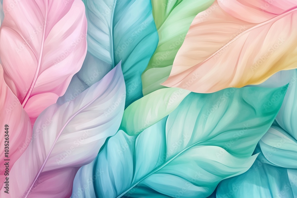 A colorful pattern of overlapping leaves in shades of pink, teal, and green, creating a serene and vibrant natural effect. A colorful pattern of overlapping leaves in shades of pink, teal, and green, creating a serene and vibrant natural effect.