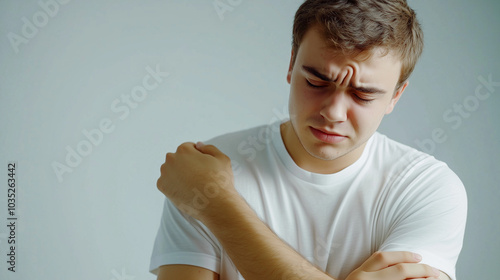 Young europen man itching and scratching on hand from itchy dry skin eczema dermatitis. white background.