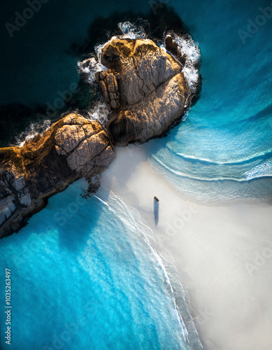 Aerial view of pristine Wylie Bay beach with turquoise water and rocky coastline, Esperance, Australia. photo