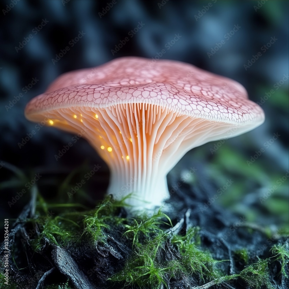 Fototapeta premium Pink mushroom with radiant gills glowing on lush, vibrant moss, forest fungus detail.