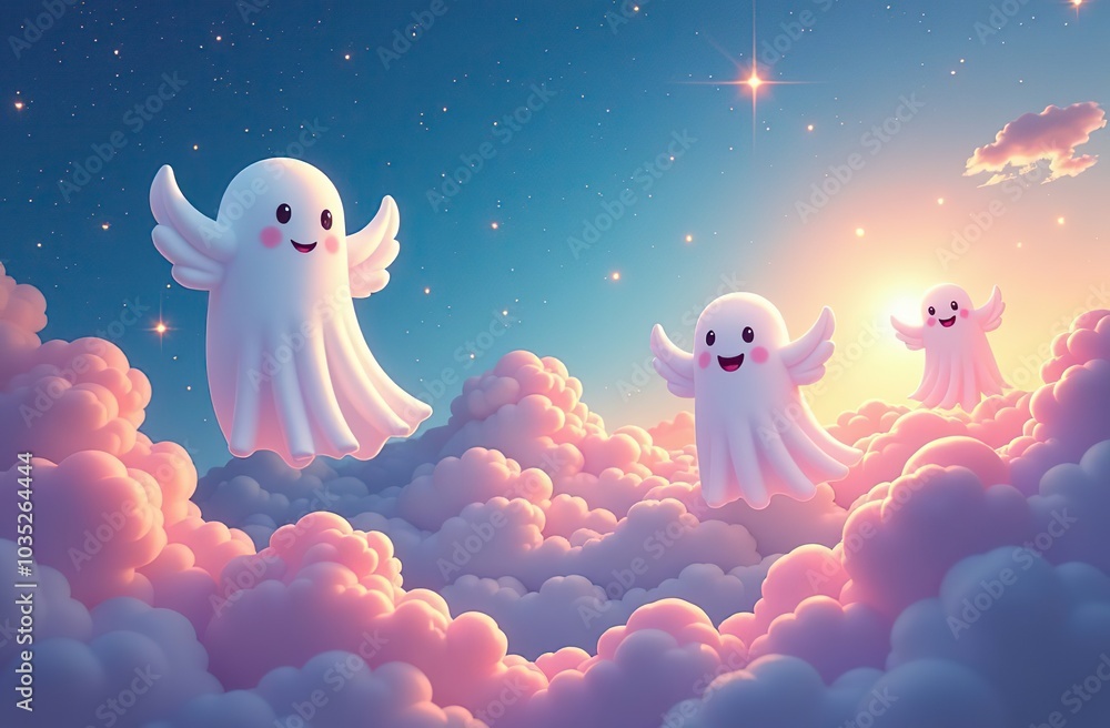 Obraz premium A whimsical scene of cute ghosts floating in a colorful sky above fluffy clouds, perfect for Halloween or fantasy themes