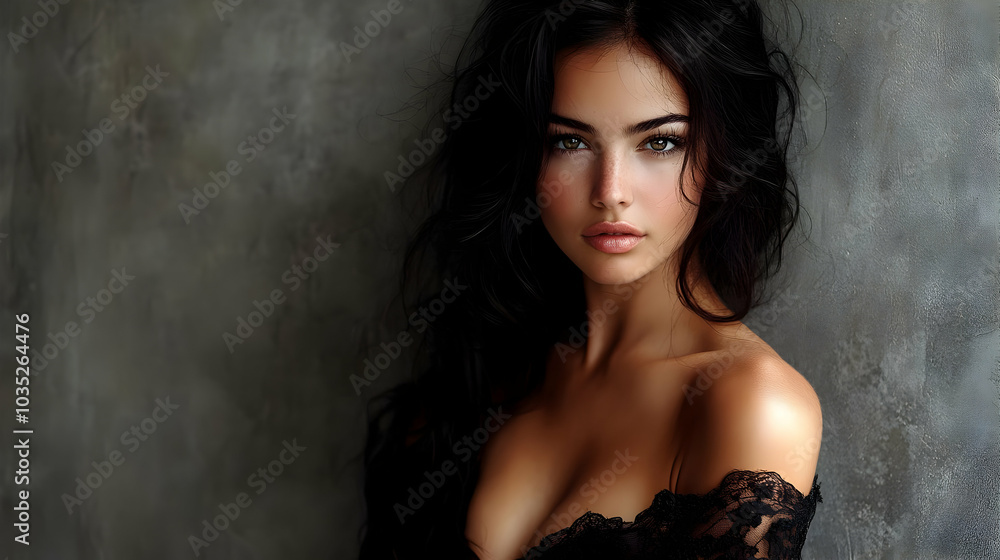 Portrait of a Woman with Long Black Hair and Green Eyes Portrait of a Woman with Long Black Hair and Green Eyes