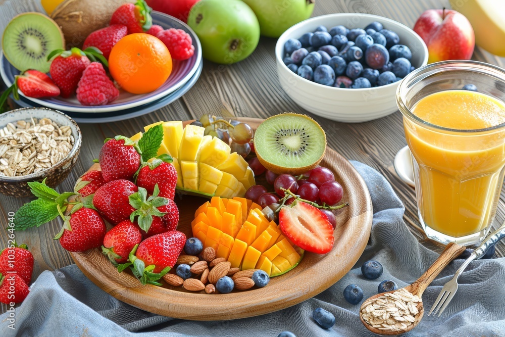 Fresh and Healthy Breakfast Spread on Wooden Table with Fruits, Whole Grains, and Smoothie Fresh and Healthy Breakfast Spread on Wooden Table with Fruits, Whole Grains, and Smoothie