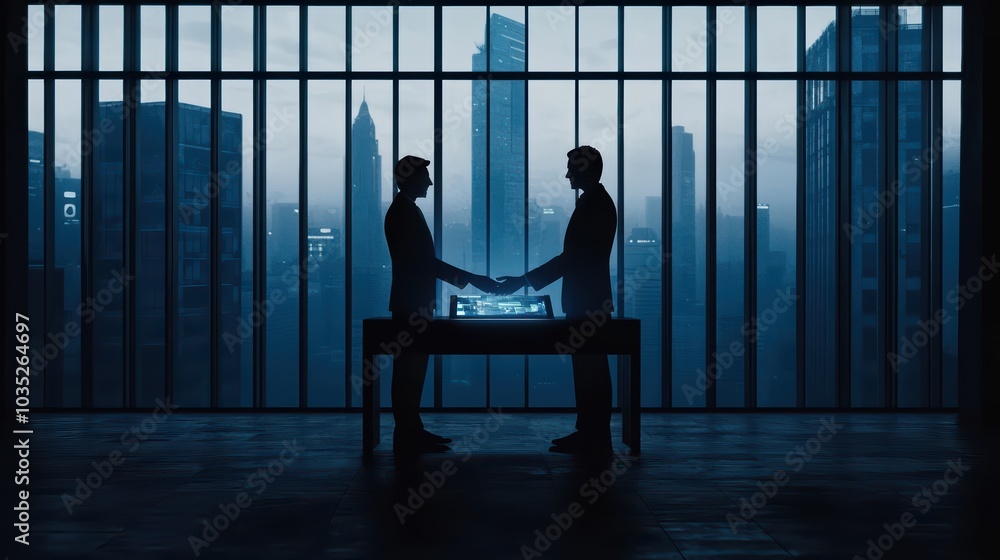 Two business professionals shaking hands in a modern office with a city skyline backdrop. Two business professionals shaking hands in a modern office with a city skyline backdrop.