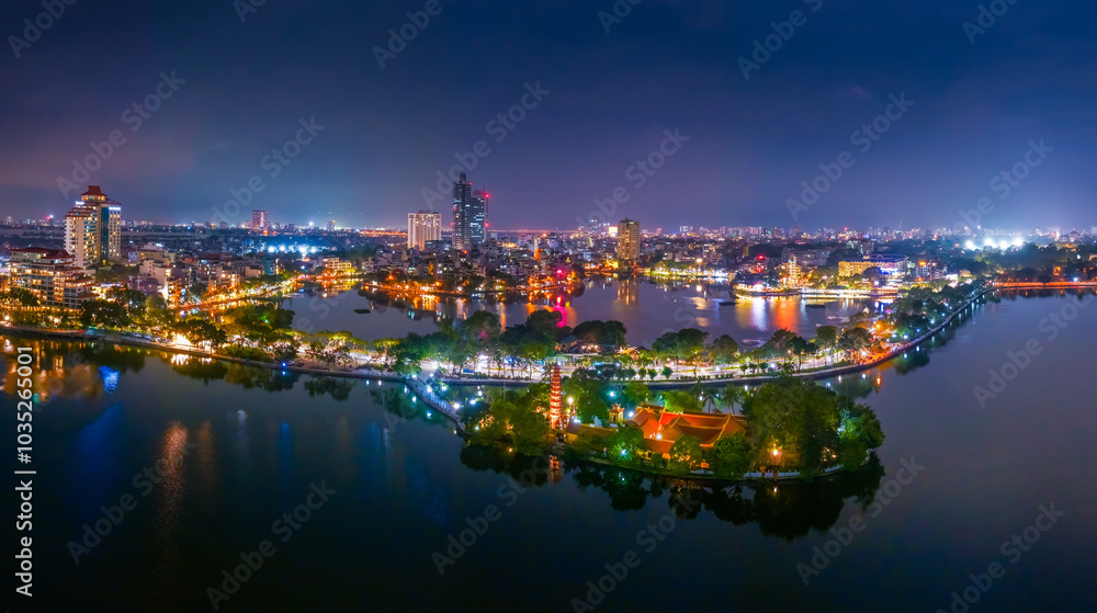 Fototapeta premium Aerial view of Tran Quoc pagoda, the oldest temple in Hanoi, Vietnam.