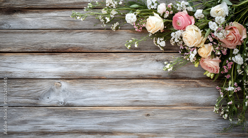 Floral decor on wooden background. Banner template for invitations, posters and backgrounds for wedding, celebration and holidays with space for text, rustic, country style Floral decor on wooden background. Banner template for invitations, posters and backgrounds for wedding, celebration and holidays with space for text, rustic, country style