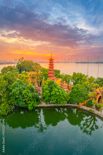 Aerial view of Tran Quoc pagoda, the oldest temple in Hanoi, Vietnam.