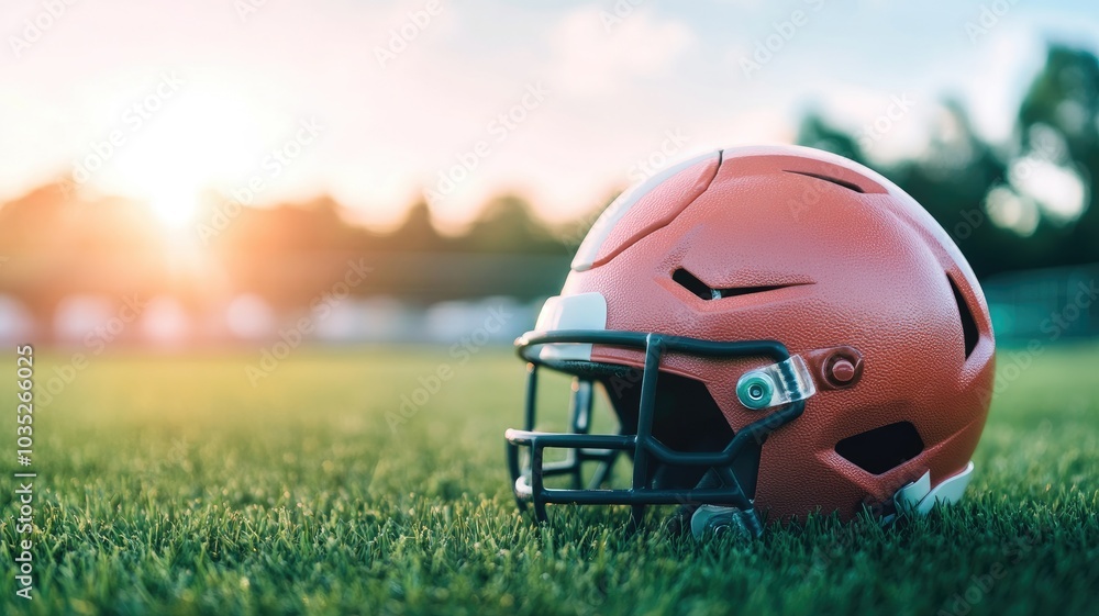 Football helmet on grass field, sunset in background Football helmet on grass field, sunset in background