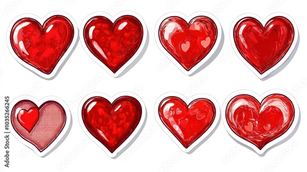 Red color heart shape sticker set isolated on white background Red color heart shape sticker set isolated on white background