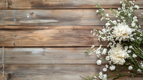 Bridal flower bouquet on wooden background. Banner template for invitations, posters and backgrounds for wedding, celebration and holidays with place for text, rustic, country style