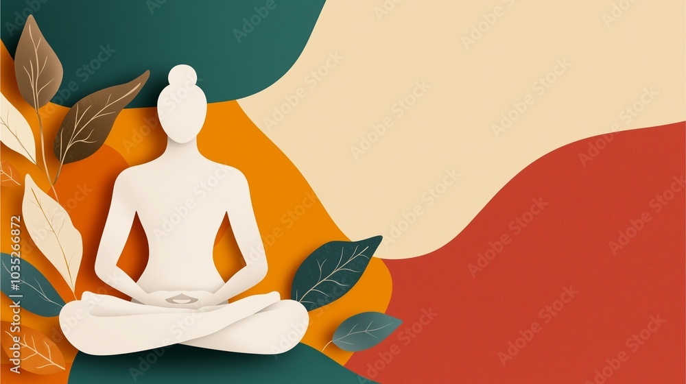 A serene illustration of a meditating figure amid colorful abstract shapes and leaves, symbolizing peace and mindfulness. A serene illustration of a meditating figure amid colorful abstract shapes and leaves, symbolizing peace and mindfulness.