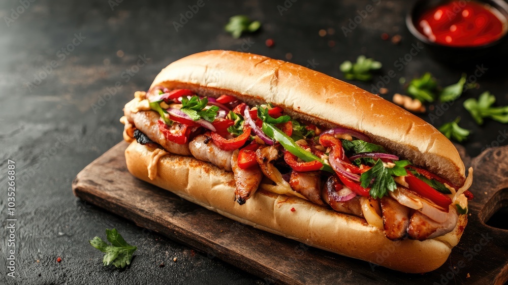 Scrumptious sub sandwich loaded with grilled chicken, fresh vegetables, and herbs on wooden board Scrumptious sub sandwich loaded with grilled chicken, fresh vegetables, and herbs on wooden board