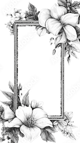 A black and white pencil drawing of an empty rectangular frame with flowers around it, in a clipart style, on a white background