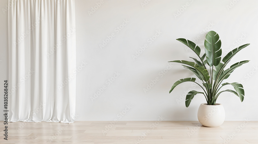 This modern interior shows an empty room with a parquet floor and a plant pot on the table. This modern interior shows an empty room with a parquet floor and a plant pot on the table.