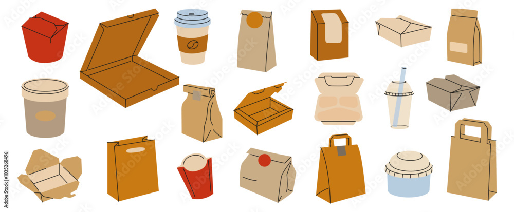 Variety of takeout food containers and beverages displayed on a white background Variety of takeout food containers and beverages displayed on a white background