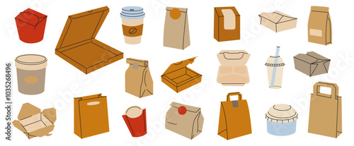 Variety of takeout food containers and beverages displayed on a white background
