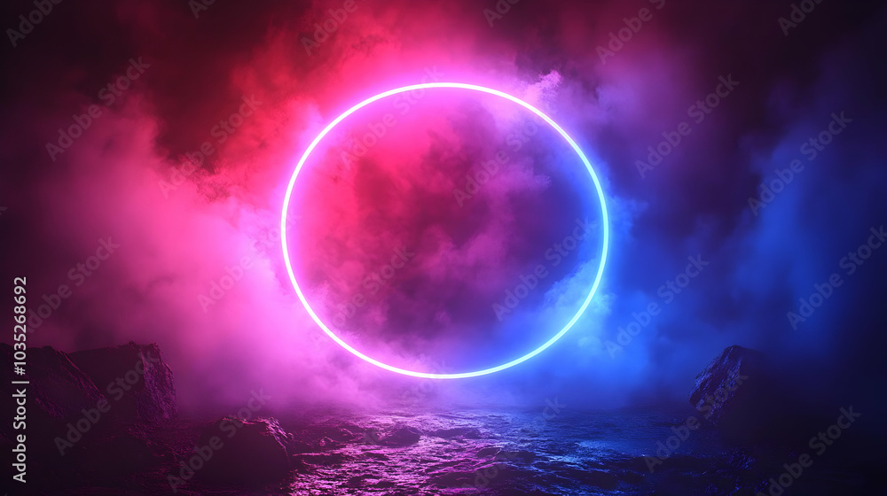 Neon Circle Glowing in the Dark with Fog, Abstract Background, Blue & Pink Color Scheme, Glowing Light, 3D Render Neon Circle Glowing in the Dark with Fog, Abstract Background, Blue & Pink Color Scheme, Glowing Light, 3D Render