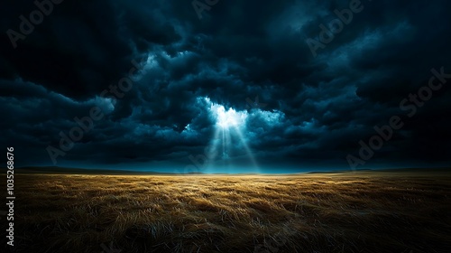 A dramatic sky showcases sunlight breaking through dark clouds over a golden grass field, creating a stunning atmospheric scene perfect for nature lovers.