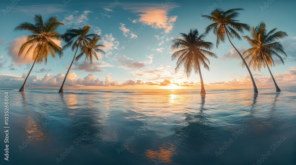 360-degree HDRI panorama with coconut trees on an ocean coast during sunset - 360-degree HDRI panorama with coconut trees on an ocean coast during sunset -