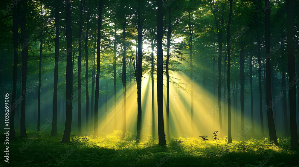 Fototapeta premium Sunlight Filtering Through Forest Trees, Nature Photography