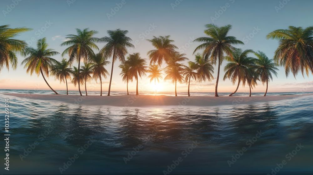 Fototapeta premium 360 HDRI panorama featuring coconut trees along the ocean coast during sunset -