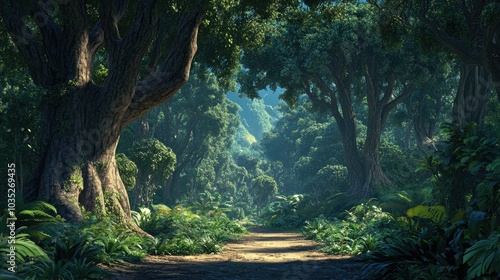 A beautiful fairytale enchanted forest with big trees and great vegetation