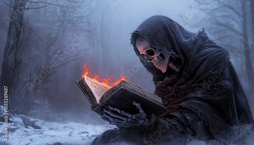 A skeleton draped in black robes reading from an ancient tome with burning letters, standing in the middle of a fog-covered graveyard.