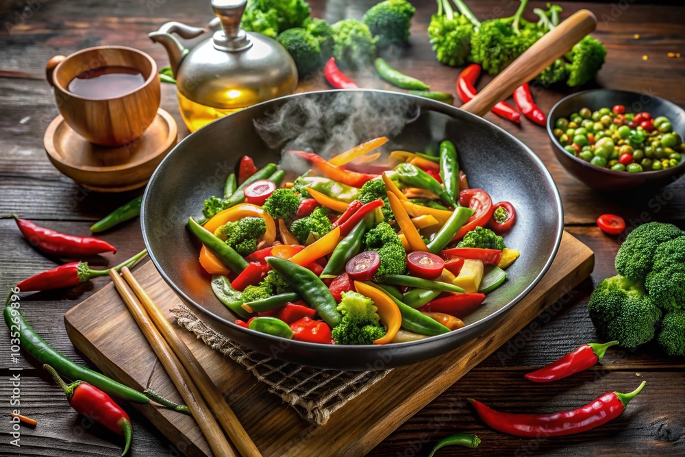 Aerial View of Asian Style Stir-Fried Mixed Vegetables in Wok for Healthy Cooking Inspiration Aerial View of Asian Style Stir-Fried Mixed Vegetables in Wok for Healthy Cooking Inspiration