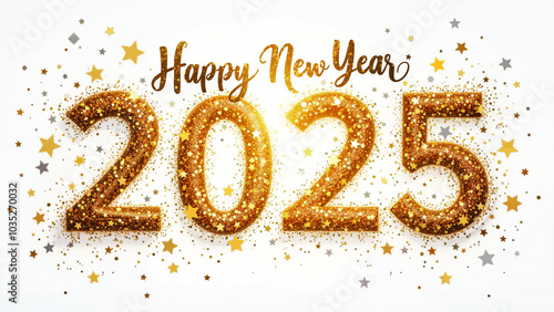 Vibrant "Happy New Year 2025" Banner with Glitter Effect: Perfect for Marketing, Events, and Seasonal Greetings